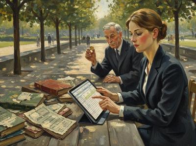 Unternehmer-Frau und ihr Vater arbeiten Finanzunterlagen im Park durch