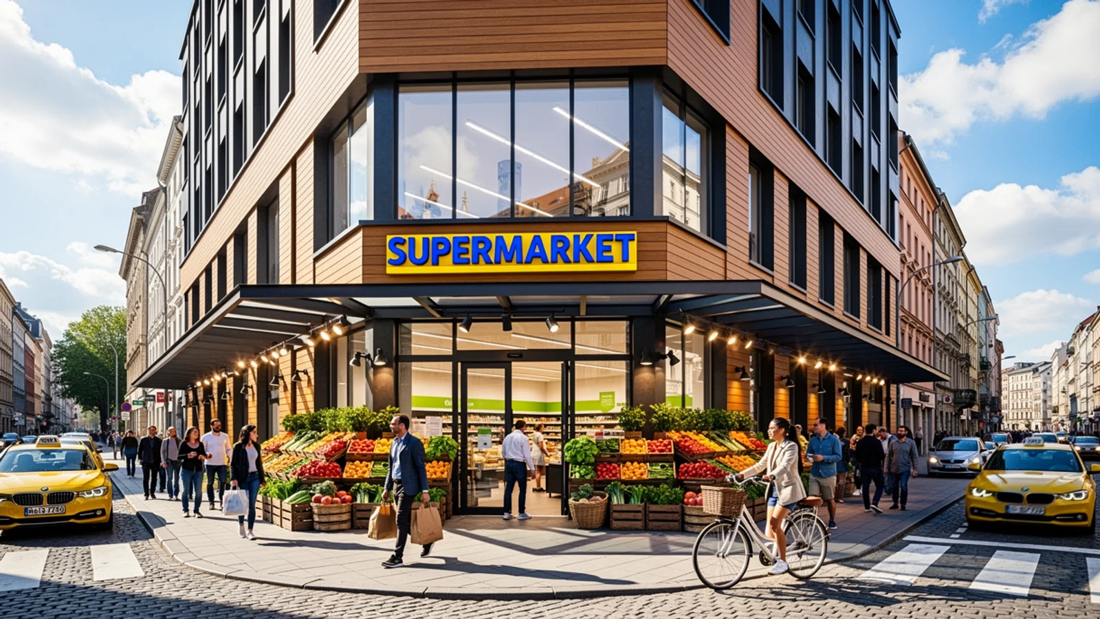 Moderner Supermarkt in belebter Ecklage mit Passanten; Asset des HABONA Deutsche Nahversorgungsimmobilien Fonds 09.