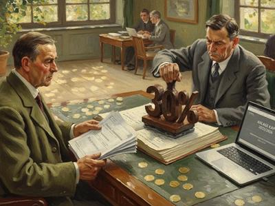 Ein älterer Herr sitzt bei einem Steuerbeamten und hält seine Steuererklärung in der Hand