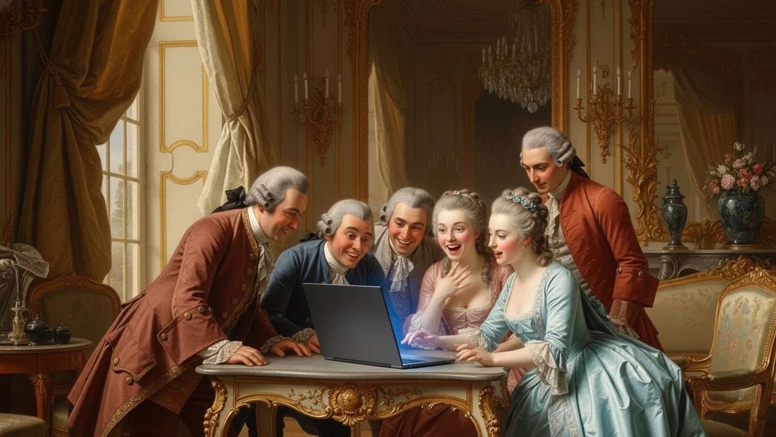 Rokoko-Gesellschaft staunt begeistert über einen Laptop; Website Re-Launch und Internet-Präsenz.