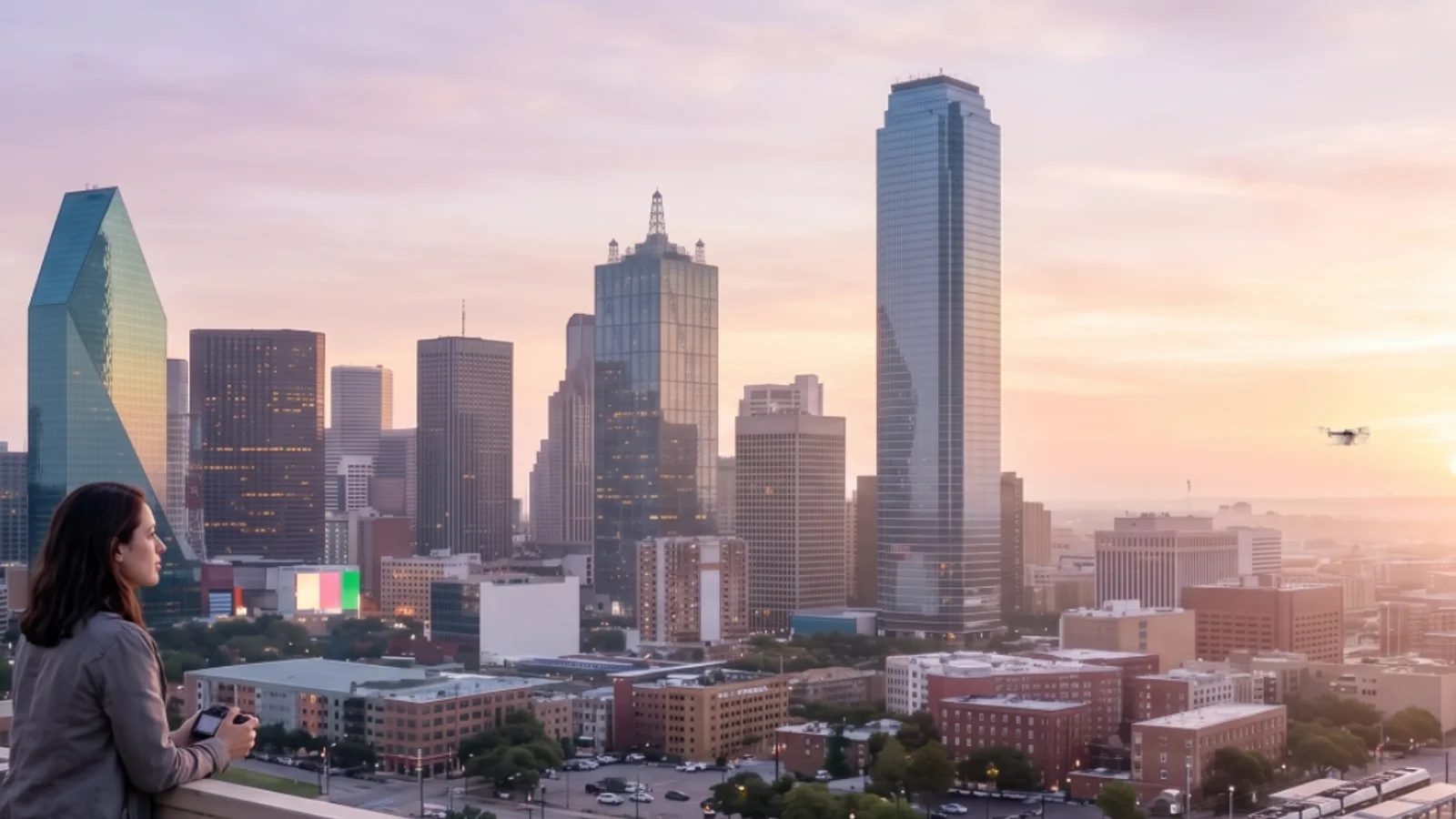 Junge Frau blickt auf die Skyline wie Dallas bei Sonnenaufgang