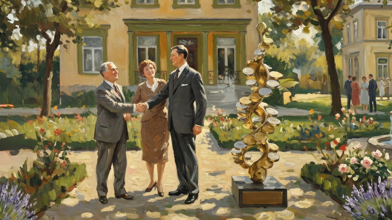 Immobilienverkauf & Einlagensicherung: Handschlag vor Villa zum 500.000 Euro Sonderschutz für Anleger.