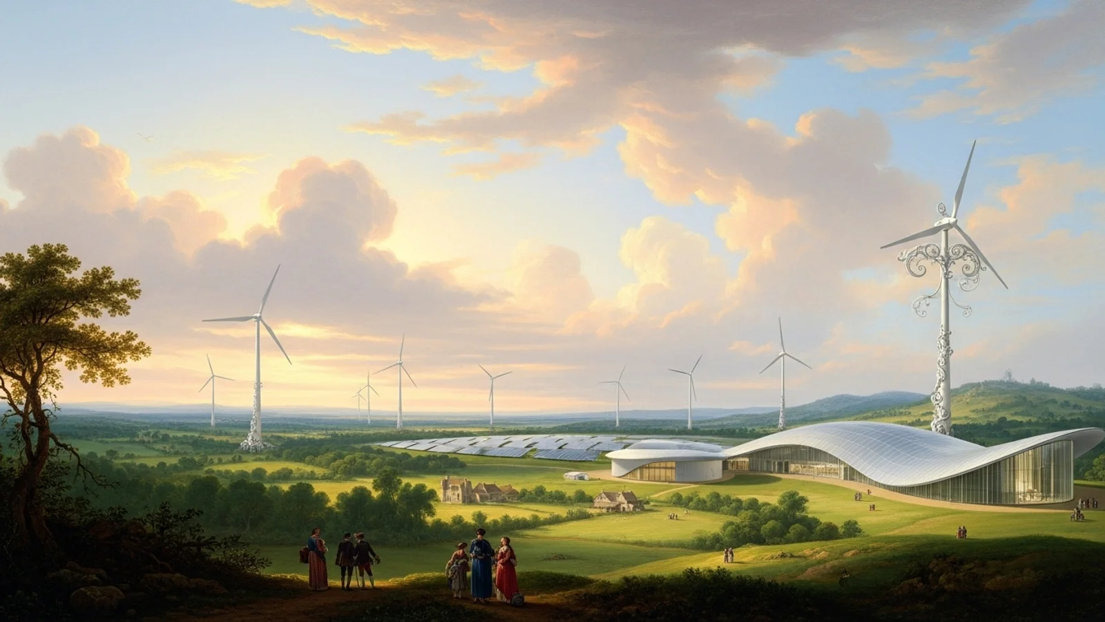 Romantisches Landschaftsgemälde mit Windrädern und modernem Energiegebäude – Symbol für Energiewende, Innovation und Investitionen.
