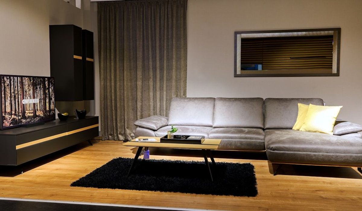 Modern luxury living room interior with contemporary furniture and smart TV setup