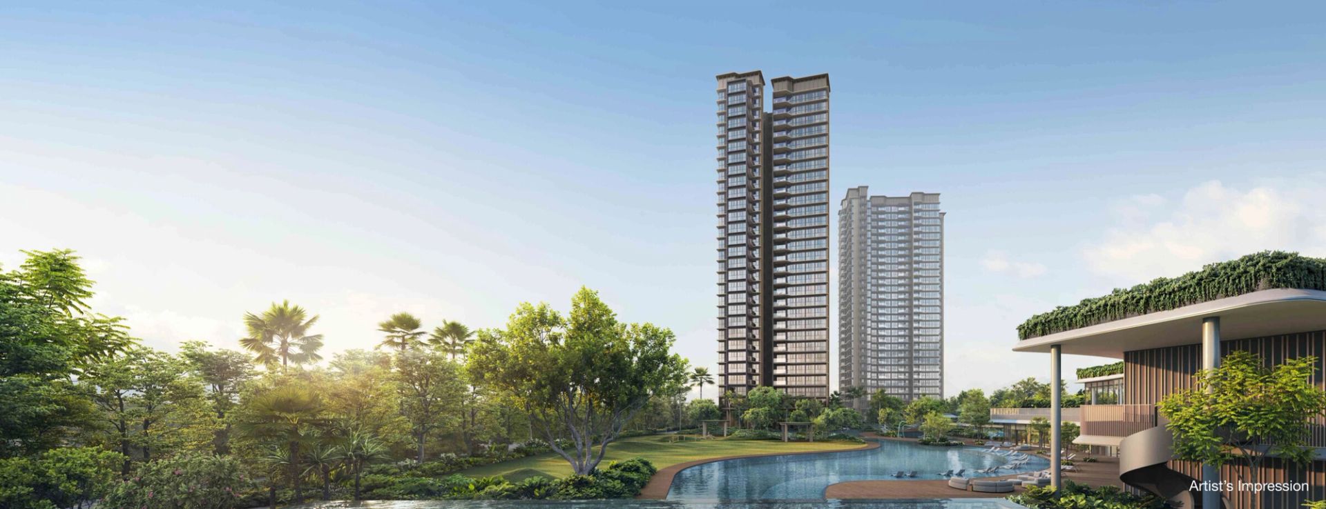 Thomson Reserve seen across the 50 metre infinity lap pool, the 30 storey Luxury Collection tower and a 21 storey Classic Collection tower rising above the lawn and mature trees with the clubhouse at right, artist's impression