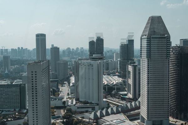 Aerial view of Singapore modern skyline with high-rise towers amid dense urban development