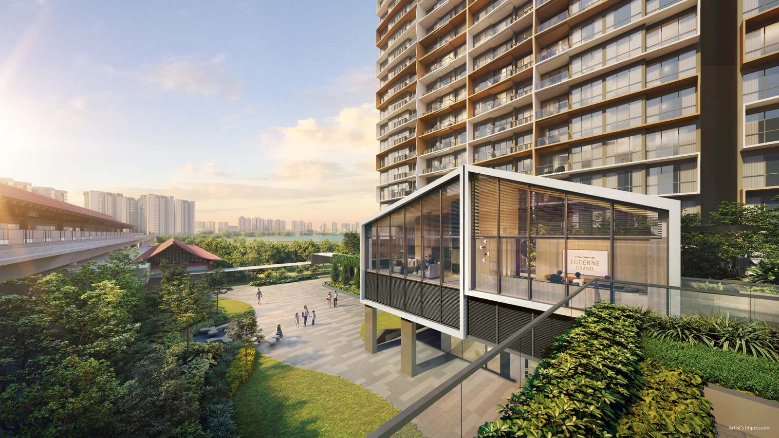 Lucerne Grand condo at Lakeside Drive, District 22 Singapore - artist's impression of the sky terrace clubhouse pavilion overlooking Jurong Lake Gardens, with Lakeside MRT station alongside the development.
