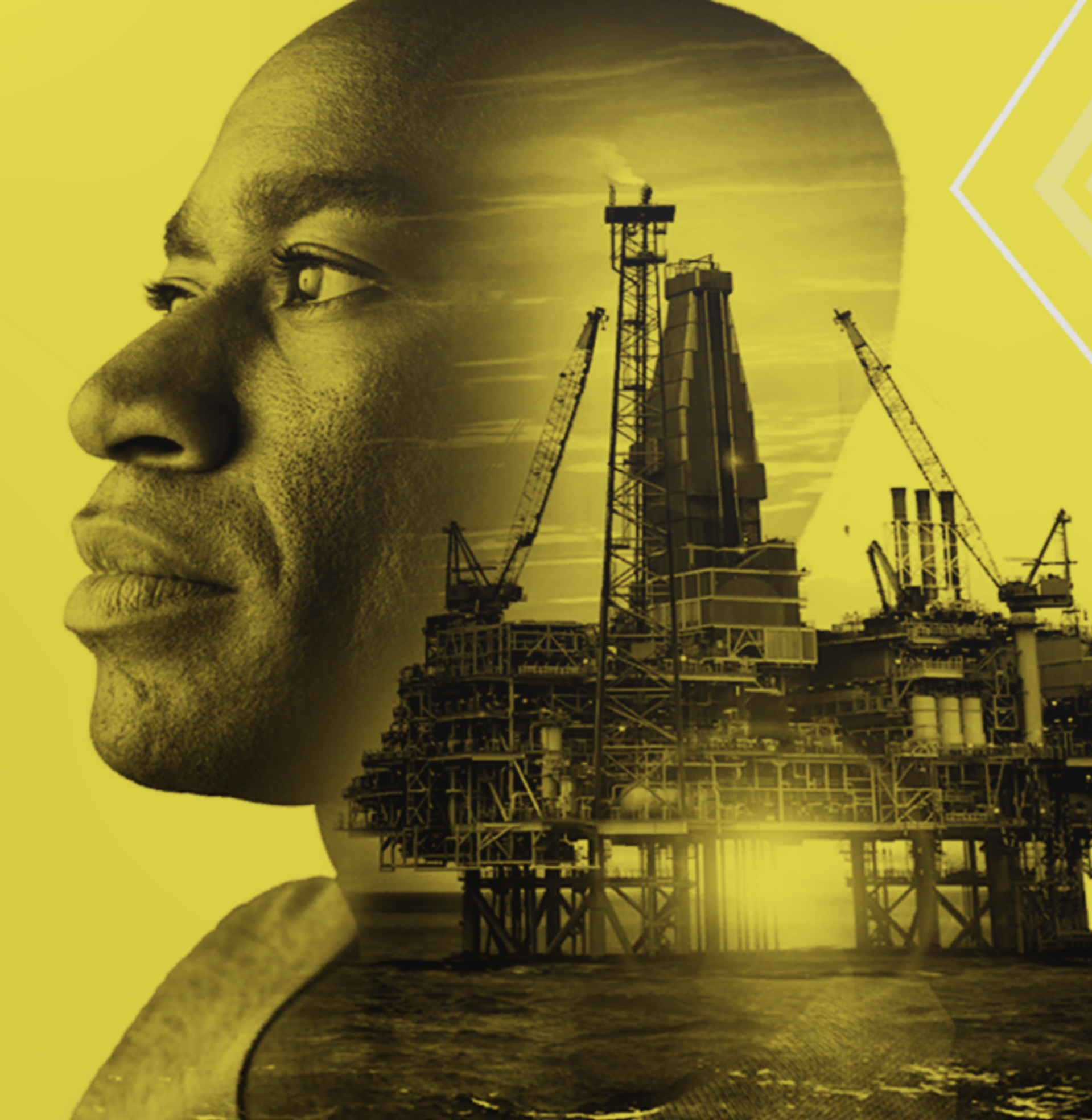Collage av en man och en oljerigg mot gul bakgrund.