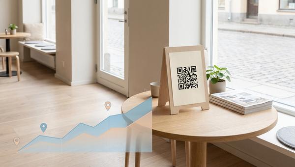 QR-kod på en affärs skyltfönster med en överlagd scan-statistikgraf och kartnålar
