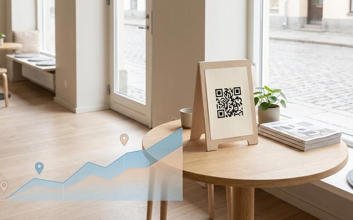 QR-kod på en affärs skyltfönster med en överlagd scan-statistikgraf och kartnålar