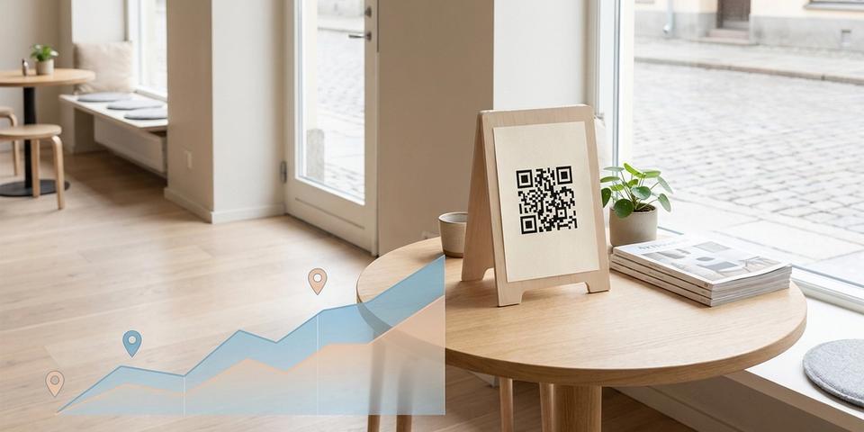 QR-kod på en affärs skyltfönster med en överlagd scan-statistikgraf och kartnålar