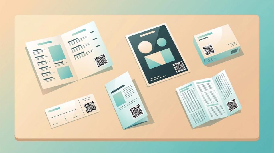 Flera trycksaker som menyer och affischer med QR-koder tryckta på