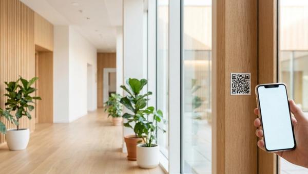 En hand håller upp en mobil mot en liten QR-kodsetikett bredvid dörrkarmen i en ljus, modern korridor i en offentlig byggnad — skanning för att anmäla ett fel.