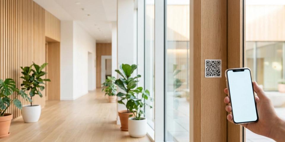 En hand håller upp en mobil mot en liten QR-kodsetikett bredvid dörrkarmen i en ljus, modern korridor i en offentlig byggnad — skanning för att anmäla ett fel.
