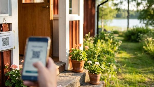 En gäst skannar QR-koden på en laminerad skylt vid ytterdörren till en faluröd sommarstuga, med gästsidan öppen på mobilen och sjön i bakgrunden