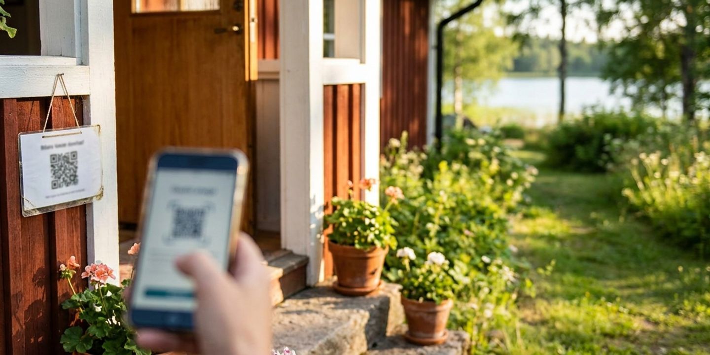 En gäst skannar QR-koden på en laminerad skylt vid ytterdörren till en faluröd sommarstuga, med gästsidan öppen på mobilen och sjön i bakgrunden