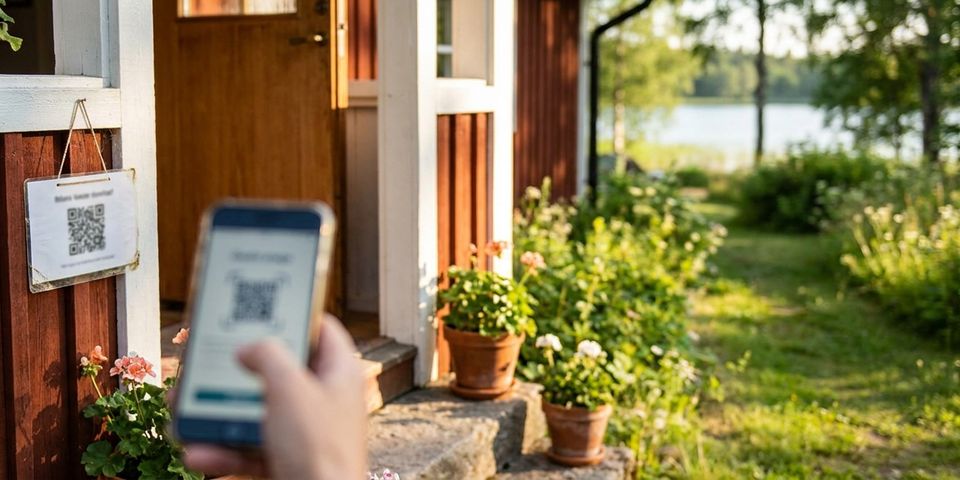En gäst skannar QR-koden på en laminerad skylt vid ytterdörren till en faluröd sommarstuga, med gästsidan öppen på mobilen och sjön i bakgrunden