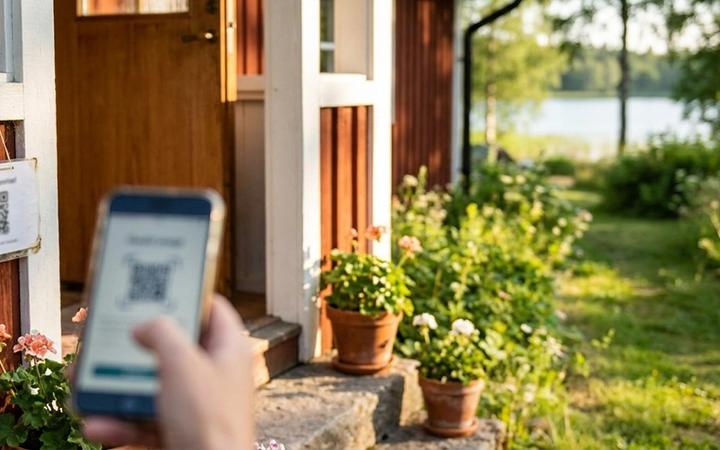 En gäst skannar QR-koden på en laminerad skylt vid ytterdörren till en faluröd sommarstuga, med gästsidan öppen på mobilen och sjön i bakgrunden