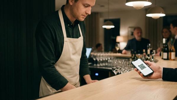 En gäst räcker fram sin mobil med ett digitalt presentkort som QR-kod över en bardisk i ljus ek, medan personalen lutar sig fram för att lösa in det.