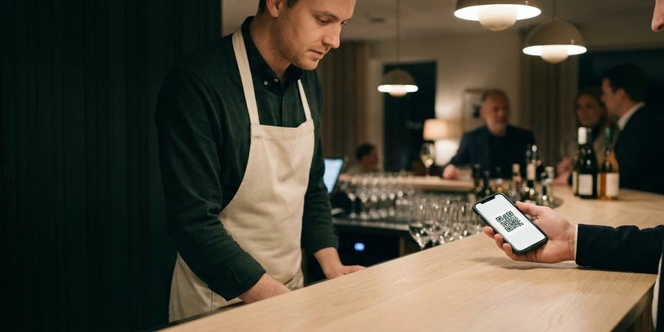 En gäst räcker fram sin mobil med ett digitalt presentkort som QR-kod över en bardisk i ljus ek, medan personalen lutar sig fram för att lösa in det.