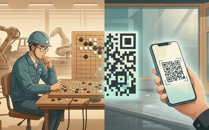 Illustration som visar QR-kodens historia: ett go-bräde i en japansk bilfabrik på 1990-talet vars svartvita stenar övergår i en modern QR-kod på en mobilskärm framför ett skyltfönster