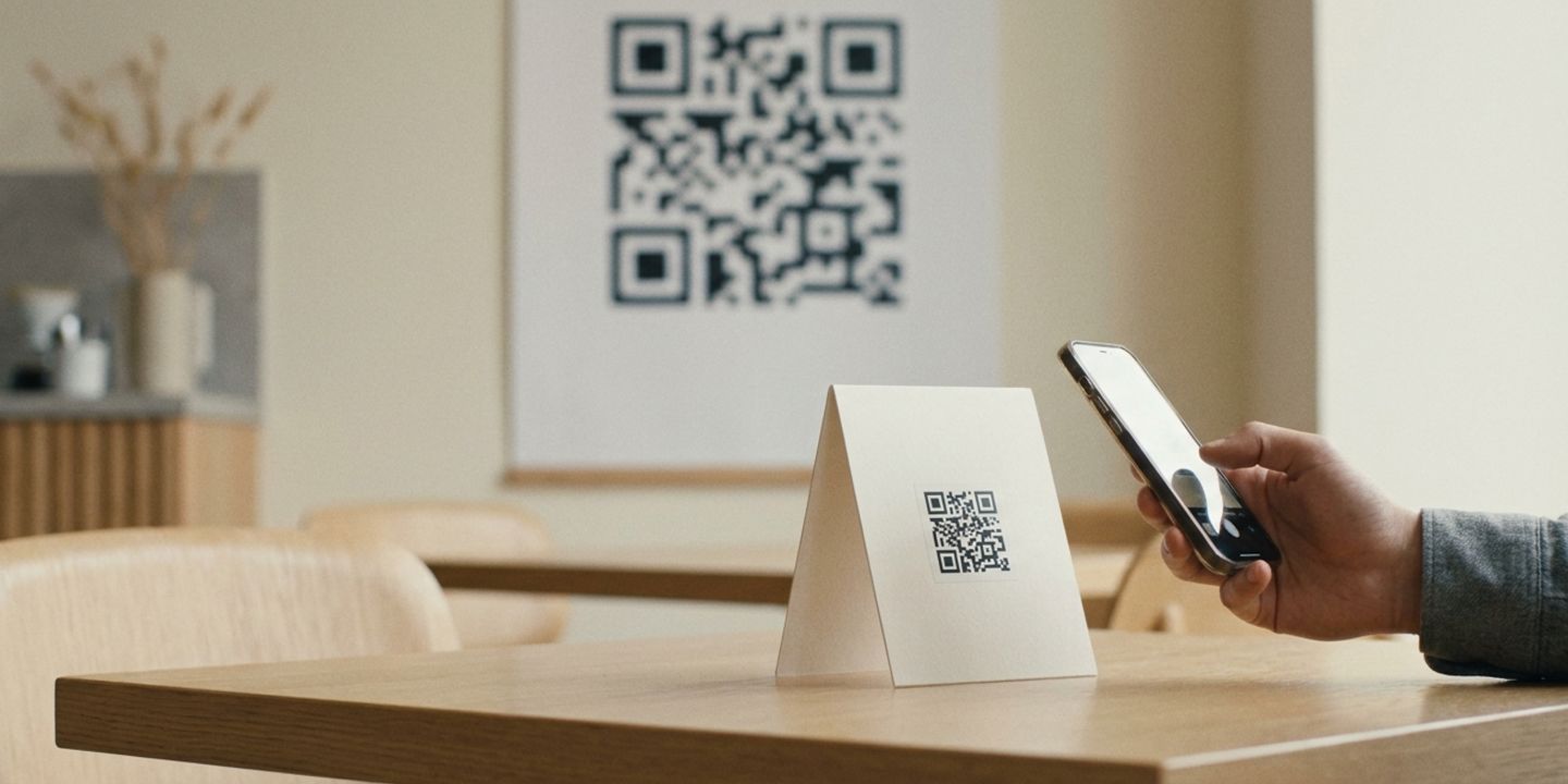 En person skannar en liten QR-kod på ett bordsställ i ett café med mobilen, medan en affisch med en betydligt större QR-kod hänger på väggen i bakgrunden