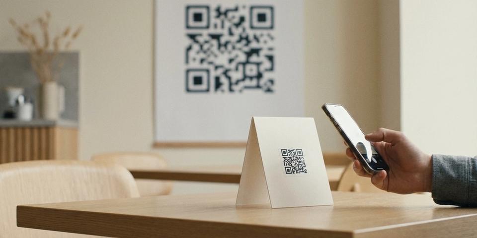 En person skannar en liten QR-kod på ett bordsställ i ett café med mobilen, medan en affisch med en betydligt större QR-kod hänger på väggen i bakgrunden