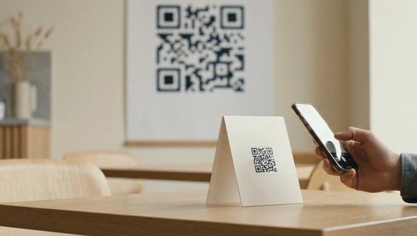 En person skannar en liten QR-kod på ett bordsställ i ett café med mobilen, medan en affisch med en betydligt större QR-kod hänger på väggen i bakgrunden