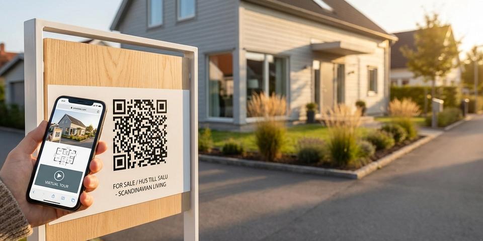 Fastigheter: en QR på skylten, aktuella objekt inuti