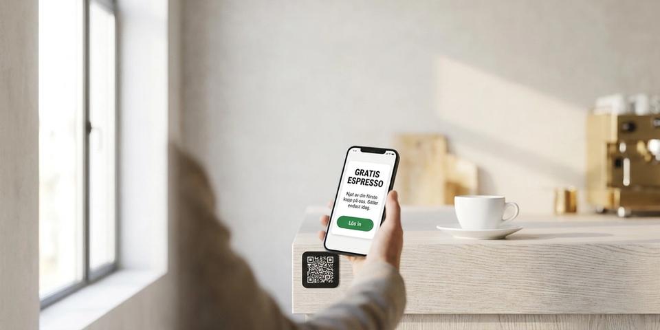 En kund i ett ljust svenskt café skannar en QR-kod vid kassadisken och ser en digital värdecheck på sin telefon.