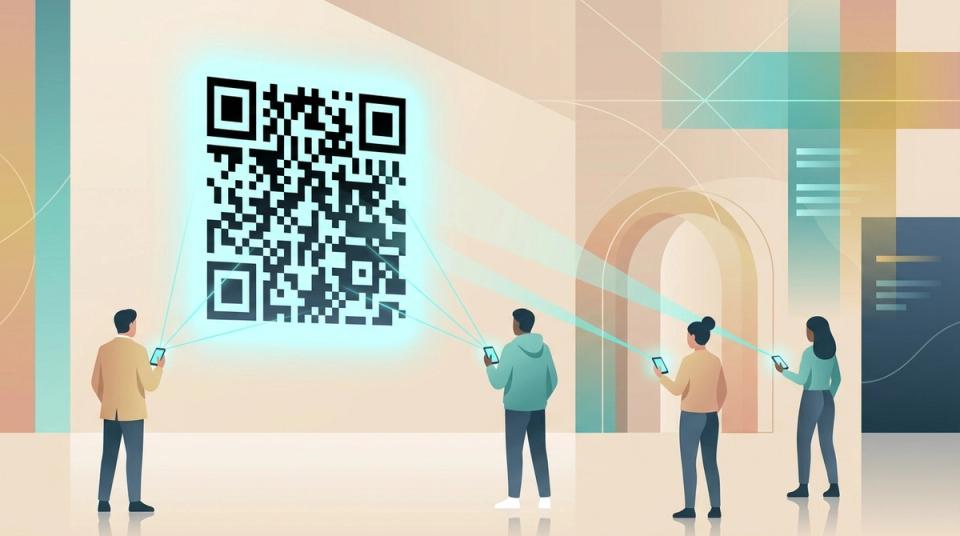 En stor QR-kod projicerad på en vägg som människor skannar med sina mobiler