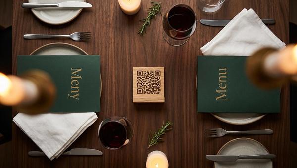 Bistrobord med en QR-kod på ett träställ och två menyer bredvid — "Meny" och "Menu" — i varmt kvällsljus
