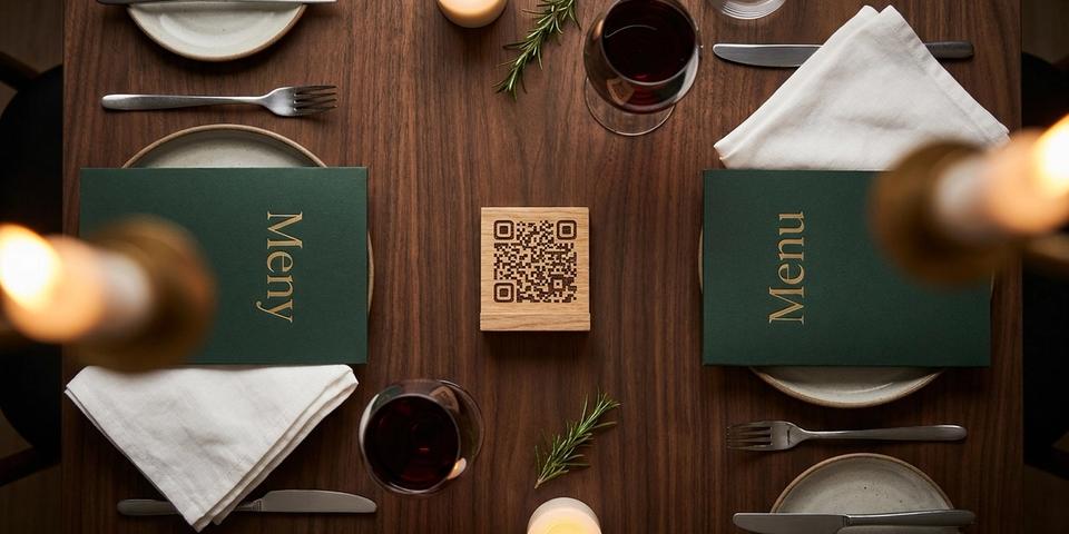 Bistrobord med en QR-kod på ett träställ och två menyer bredvid — "Meny" och "Menu" — i varmt kvällsljus