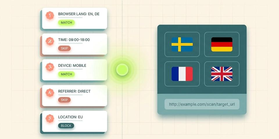Editorial illustration av regelsimulatorn: en stack regelkort till vänster med en lysande lime-token som vandrar längs en streckad räls, och en mörk teal-panel till höger med fyra besökar-flaggor och en slutdestinations-URL.