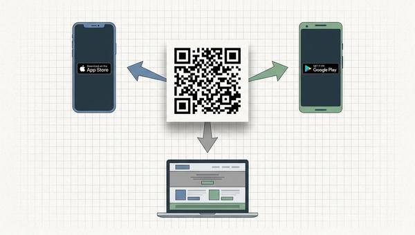 Editorial illustration of a single QR code in the centre of the frame with three coloured arrows fanning out to an iPhone showing the App Store, an Android phone showing Google Play, and a laptop showing a generic web download page.