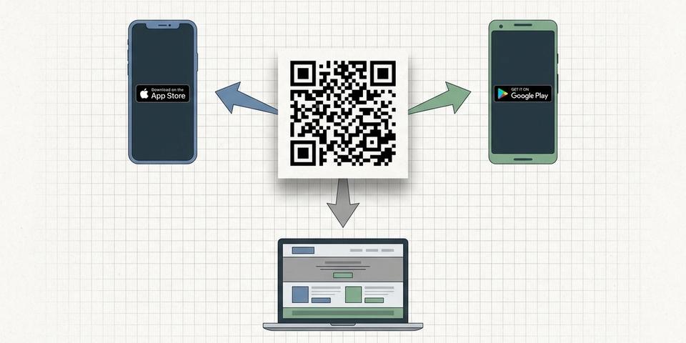 Editorial illustration of a single QR code in the centre of the frame with three coloured arrows fanning out to an iPhone showing the App Store, an Android phone showing Google Play, and a laptop showing a generic web download page.