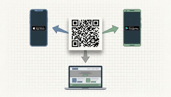 Editorial illustration of a single QR code in the centre of the frame with three coloured arrows fanning out to an iPhone showing the App Store, an Android phone showing Google Play, and a laptop showing a generic web download page.