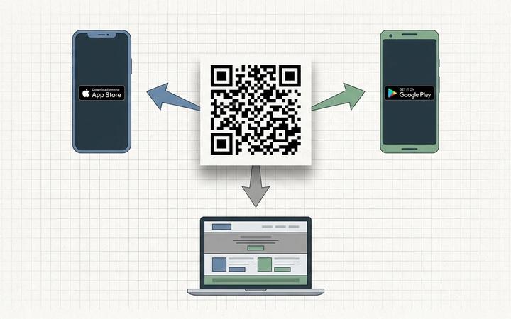 Editorial illustration of a single QR code in the centre of the frame with three coloured arrows fanning out to an iPhone showing the App Store, an Android phone showing Google Play, and a laptop showing a generic web download page.