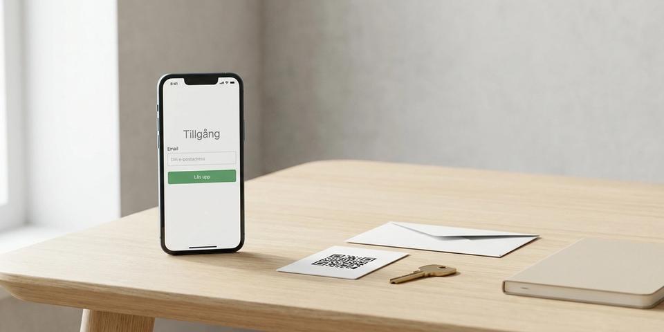 En telefon visar ett gate-formulär med rubriken 'Skriv in din e-post' och en grön lås upp-knapp, framför ett skandinaviskt arbetsbord med en liten tryckt QR-kod och en mässingsnyckel.