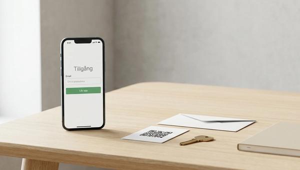 En telefon visar ett gate-formulär med rubriken 'Skriv in din e-post' och en grön lås upp-knapp, framför ett skandinaviskt arbetsbord med en liten tryckt QR-kod och en mässingsnyckel.