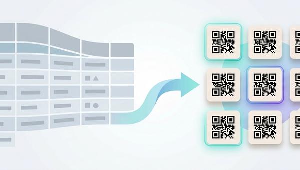 A spreadsheet of QR code data on the left transforming into a grid of generated QR codes on the right