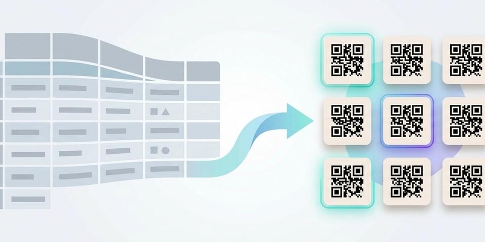 A spreadsheet of QR code data on the left transforming into a grid of generated QR codes on the right