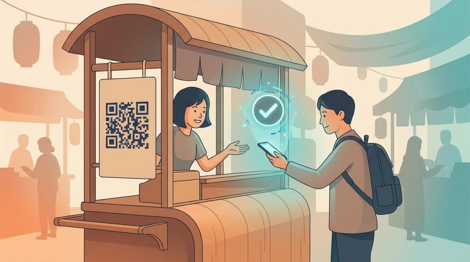 Gatuförsäljare i Kina med QR-kod för mobil betalning