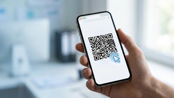 En hand håller en mobil som visar en QR-kod på en webbsida
