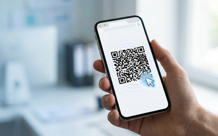 En hand håller en mobil som visar en QR-kod på en webbsida