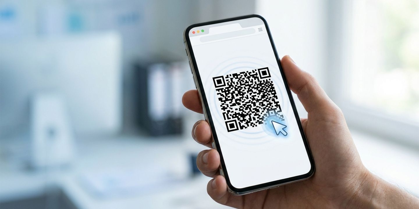 En hand håller en mobil som visar en QR-kod på en webbsida