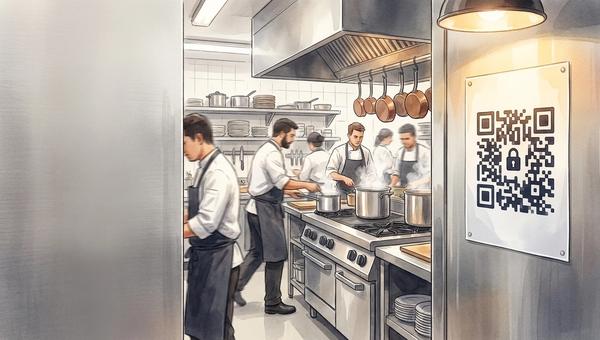 Editorial illustration of a busy commercial restaurant kitchen, with a laminated QR-code poster mounted on a stainless-steel wall and a small padlock icon next to it, while motion-blurred chefs work in the background — evoking a back-of-house environment where the QR is meant only for staff.