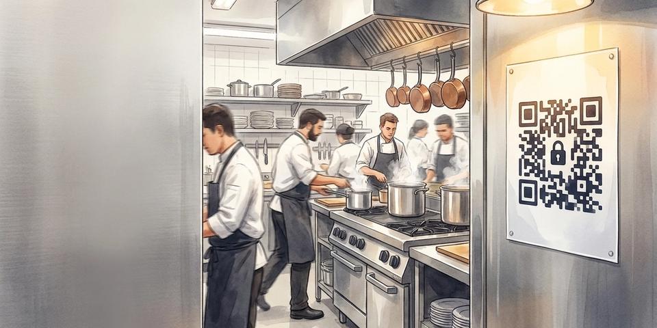 Editorial illustration of a busy commercial restaurant kitchen, with a laminated QR-code poster mounted on a stainless-steel wall and a small padlock icon next to it, while motion-blurred chefs work in the background — evoking a back-of-house environment where the QR is meant only for staff.