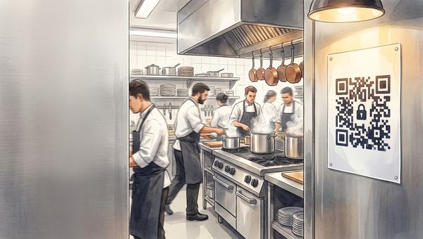 Editorial illustration of a busy commercial restaurant kitchen, with a laminated QR-code poster mounted on a stainless-steel wall and a small padlock icon next to it, while motion-blurred chefs work in the background — evoking a back-of-house environment where the QR is meant only for staff.
