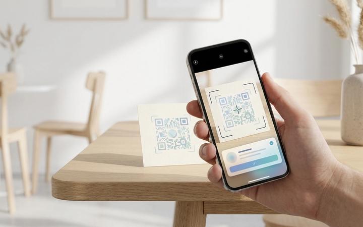 En hand håller en smartphone vars kamera skannar en QR-kod och visar en länknotis på skärmen